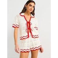 V By Very Cotton Rich Pointelle Stripe Shirt Co-Ord - Cream