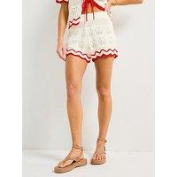 V By Very Cotton Rich Pointelle Stripe Short Co-Ord - Cream
