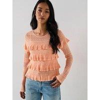 V By Very Wide Neck Frill Detail Short Knitted Top - Peach