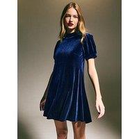New Look High Neck Short Sleeve Velvet Mini Dress - Navy