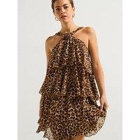 Vero Moda Leopard Print Ruffle Halter Neck Mini Dress -Black - Multi