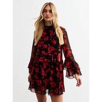 New Look Red Blur Ruffled Chiffon Mini Dress - Rose Print