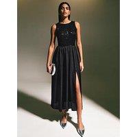 New Look Sequinned Satin Side Slit Midi Dress - Black