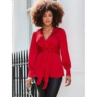 Sosandar Satin Knife Pleat Wrap Top - Red