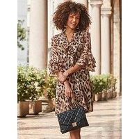 Sosandar Leopard Print Frill Sleeve Tie Neck Shift Dress - Multi