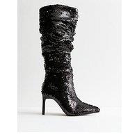 New Look Sequinned Stiletto Knee High Boots - Black