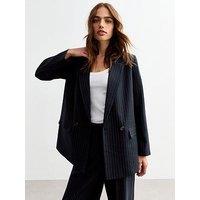 New Look Navy Oversized Pinstriped Twill Blazer - Print