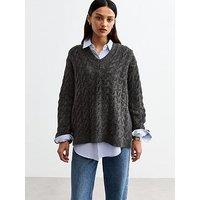 New Look V Neck Cable Knit Jumper - Dark Grey