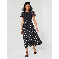 V By Very Polka Dot Woven Mix Midi Dress
