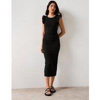 V By Very Frill Sleeve Ribbed Midaxi Dress - Black