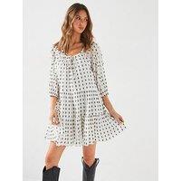 New Look Embroidered Tie Neck Smock Mini Dress - White/Print