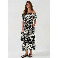 Everyday Bardot Tiered Midaxi Dress - Mono Palm Print