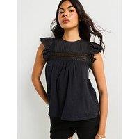 V By Very Broderie Frill Sleeve Top - Black