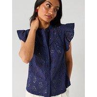 V By Very Broderie Front Button Up Top - Blue