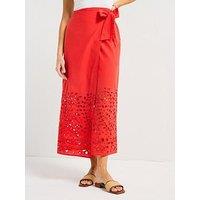 V By Very Broderie Tie Side Midi Skirt - Red