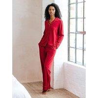 Chelsea Peers Cotton Christmas Candy Cane Stripe Trim Long Pyjama Set