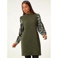 Roman Petite 2 In 1 Contrast Print Shift Dress - Khaki