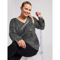 Yours Curve Sequin V Neck Long Sleeve Top - Silver