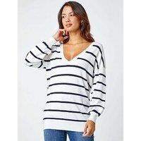 Roman Stripe Print Knitted V-Neck Longline Jumper - Ivory