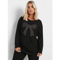 Yours Curve Diamante Bow Long Sleeve Top - Black