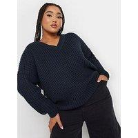 Yours Curve V Neck Waffle Jumper - Blue