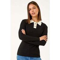 Roman Button Scallop Collar Ribbed Jumper - Black
