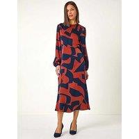Roman Geometric Colour Block Print Midi Dress - Rust