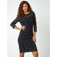 Roman Sequin Lace Ruched Stretch Dress - Black