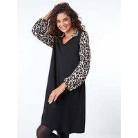 Roman Contrast Leopard Print Swing Dress - Black
