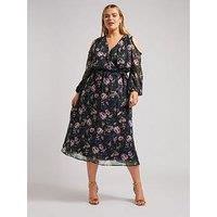 Yours Curve Floral Cold Shoulder Wrap Dress - Black