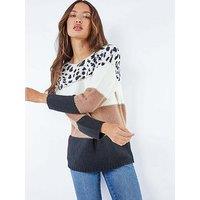 Roman Animal Print Colour Block Jumper - Camel
