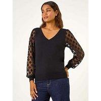Roman Polka Dot V-Neck Sleeve Knit Jumper - Black