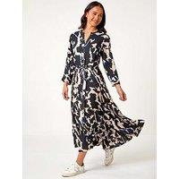 Roman Petite Abstract Print Button Midi Dress - Black