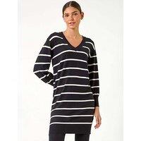 Roman Stripe V-Neck Knit Jumper Dress - Black
