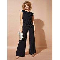 Roman Cowl Neck Ruched Stretch Jumpsuit - Black
