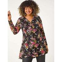 Roman Curve Floral Print V-Neck Zip Front Top - Pink