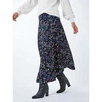 Roman Ditsy Floral Stretch Elastic Waist Midi Skirt - Black