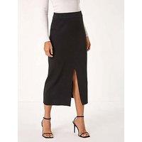 Roman Front Split Knitted Midi Skirt - Black