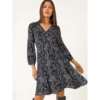 Roman Floral Print Lace Trim Stretch Dress - Blue