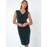 Roman Shimmer Cowl Neck Stretch Dress - Teal