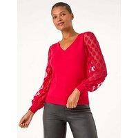 Roman Polka Dot V-Neck Sleeve Knit Jumper - Red