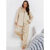 Yours Curve Jacquard Stripe Satin Pj Set - Ivory