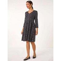 Roman Spot Print Button Detail V-Neck Dress - Black