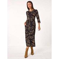 Roman Paisley Pocket Stretch Midi Dress - Tan