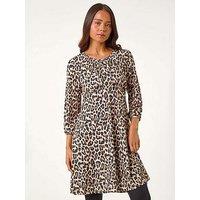 Roman Petite Animal Print Gathered Waist Dress - Camel