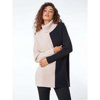 Roman Colour Block Longline Roll Neck Jumper - Natural