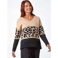 Roman Petite Animal Print Colourblock Jumper - Camel