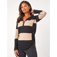 Roman Cotton Blend Stripe Zip Knit Jumper - Beige