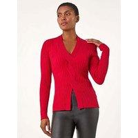 Roman Cable Split Detail Rib Jumper - Red