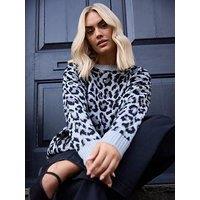 Yours Curve Animal Print Crew Neck Jumper - Grey